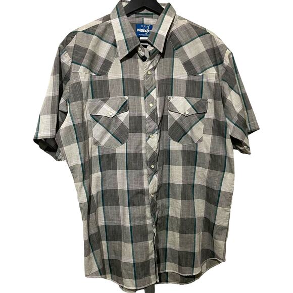 Wrangler Mens Size Large Pearl Snap Gray Plaid Button Short Sleeve Western Shirt - Picture 1 of 12